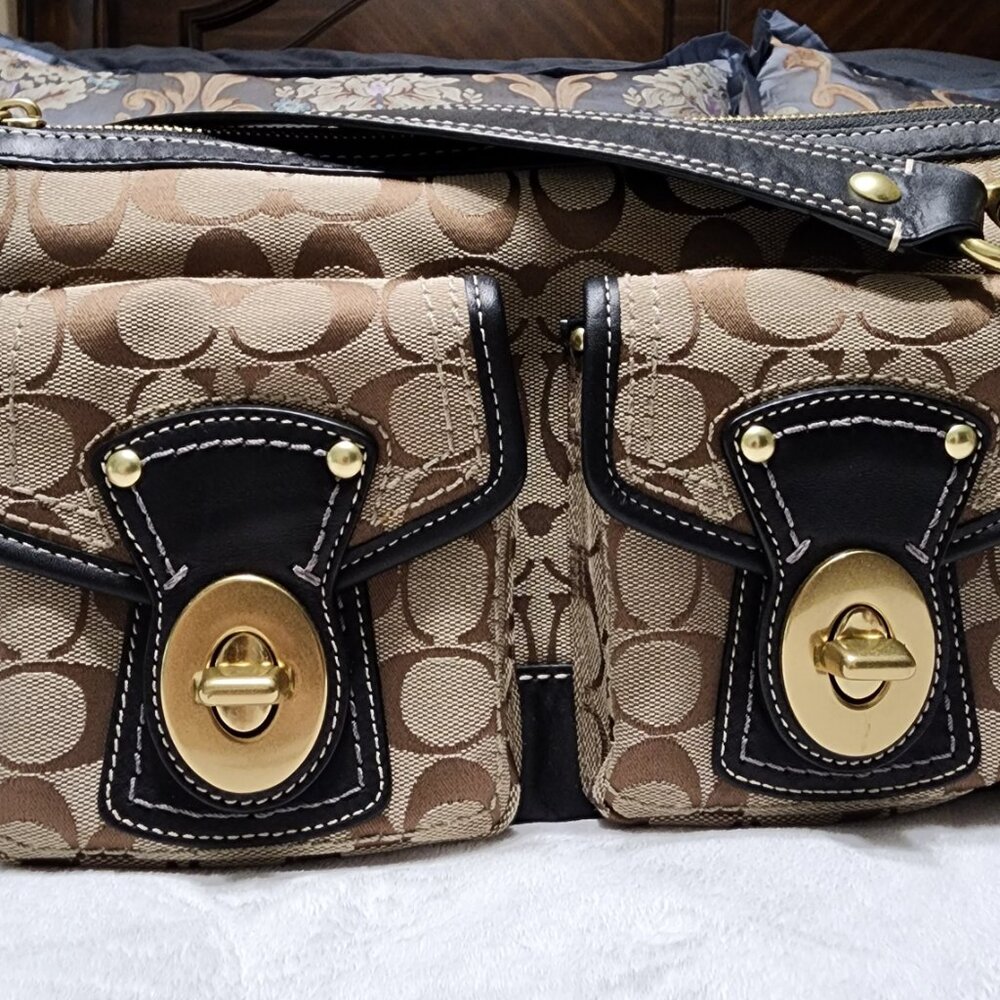 COACH Legacy Signature satchel bag beige with black leather trim